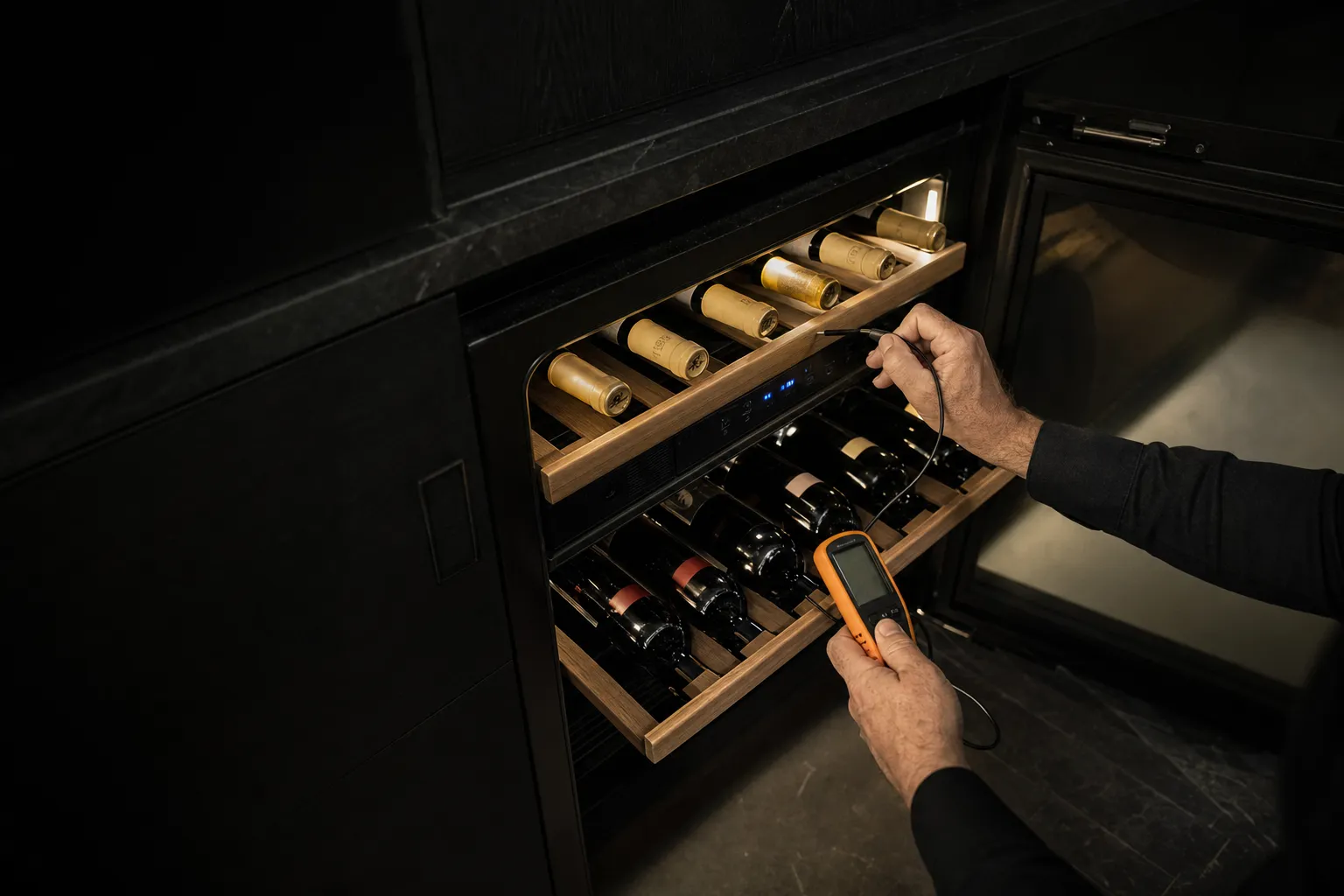 Digital thermometer probe held against a shelf of bottles inside an undercounter wine cooler