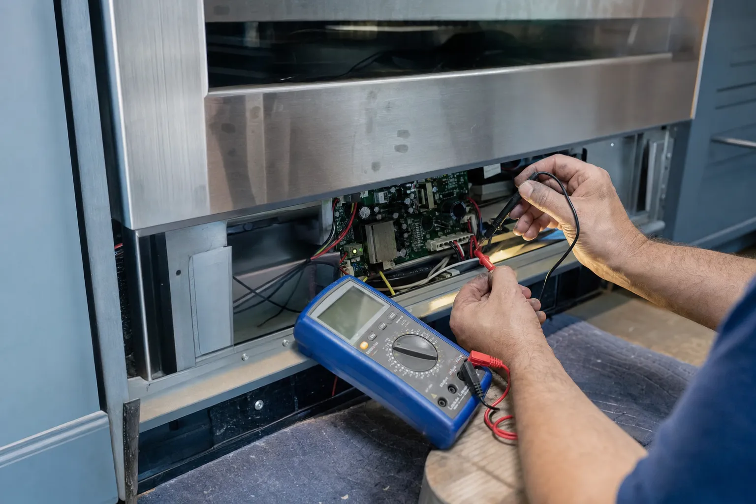 Multimeter probes on the exposed control board at the base of a stainless built-in refrigerator