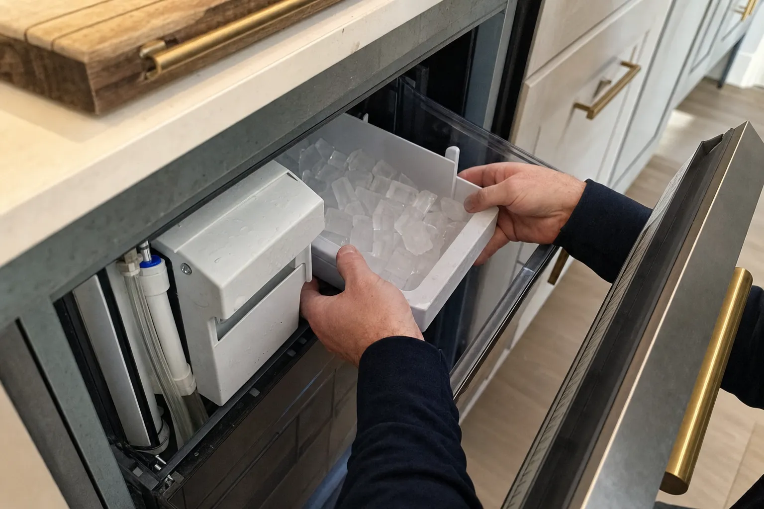 Hands lifting a full ice bin out of an open undercounter ice maker drawer, water filter visible behind