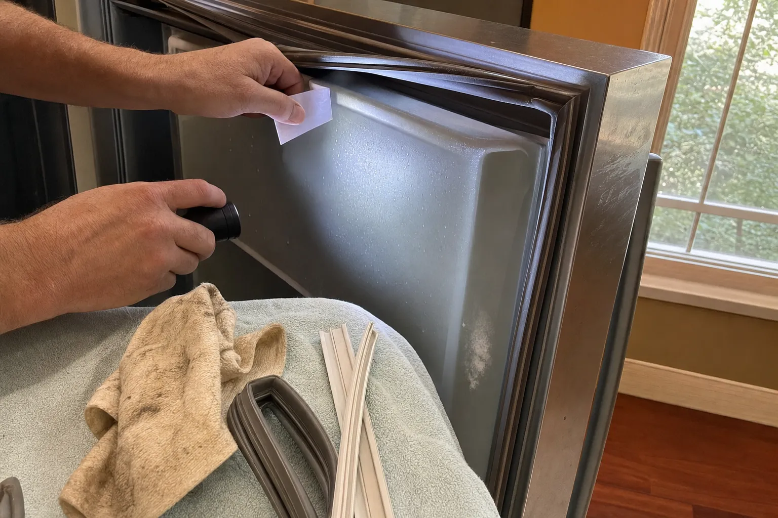Hand holding a slip of paper at the gasket of an open stainless door while the other hand aims a flashlight, an old gasket and a rag on a towel