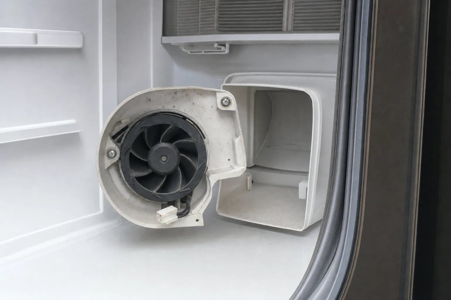 White fan housing with a black fan unscrewed from the rear wall of a refrigerator compartment, an open air duct beside it, a vent panel above and the door gasket at right. Numbered marks: 1, fan in its housing; 2, air duct; 3, vent panel.