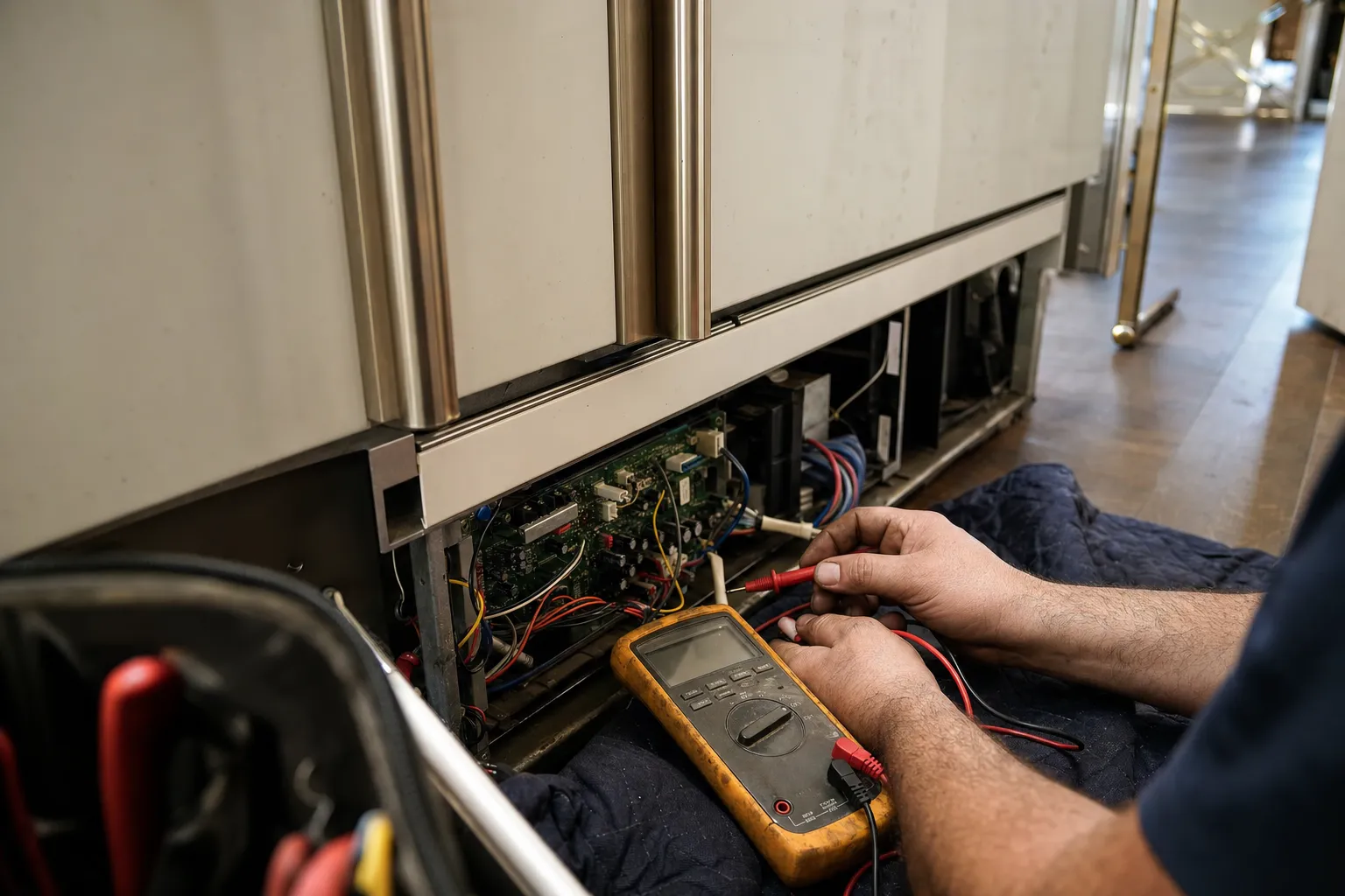 Multimeter probes on a circuit board in the machine compartment below a built-in with long bar handles, an open tool bag at left