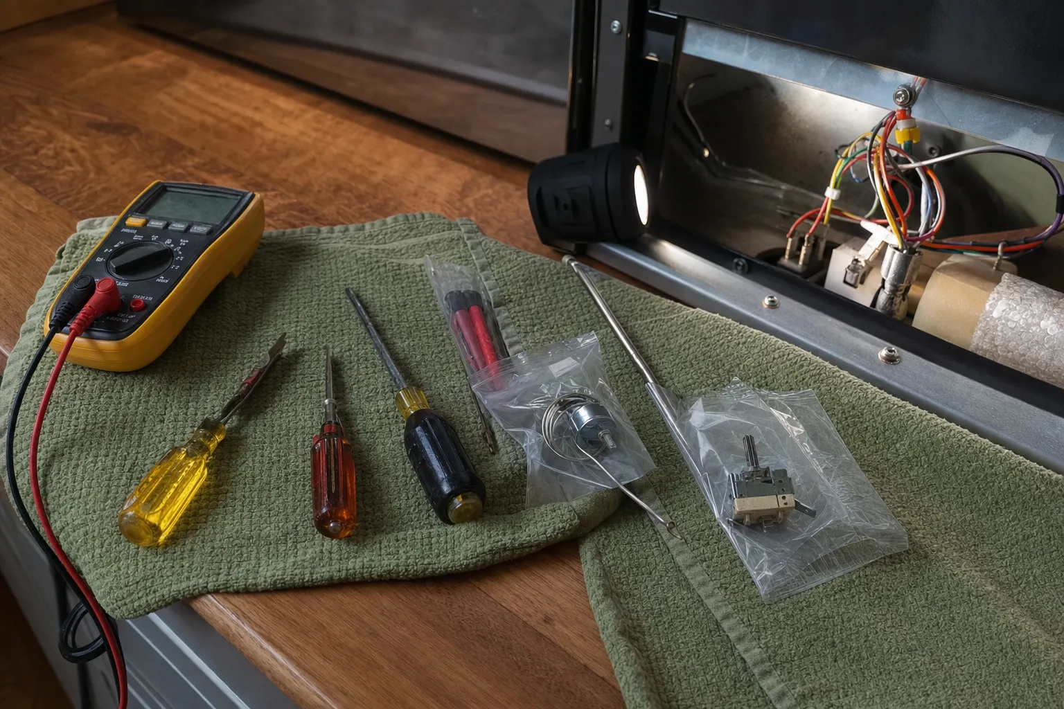 Yellow multimeter, three screwdrivers and two bagged replacement parts on a green towel, a work light shining into an opened stainless panel of wiring